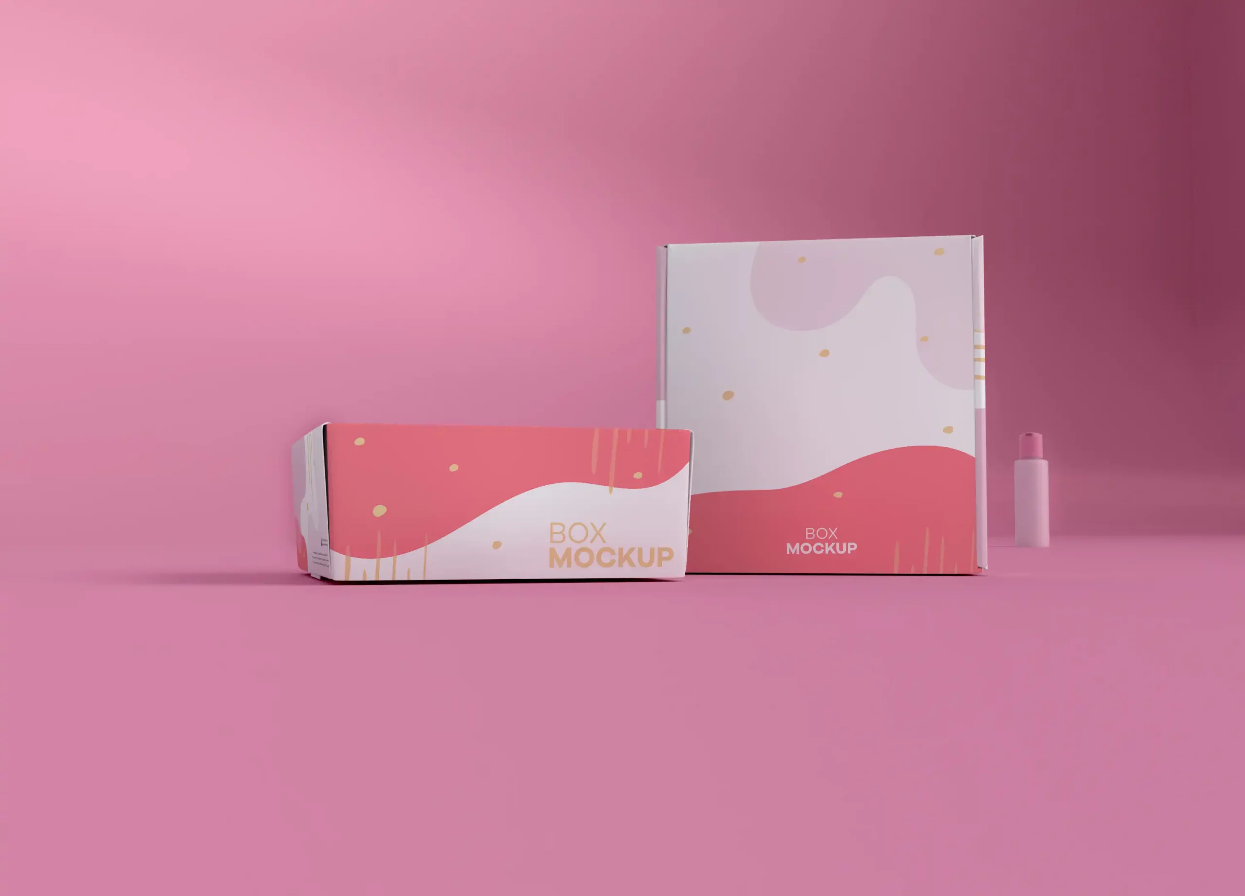 Vue de face d'un mockup de boite rouge/rose et blanc sur fond rose